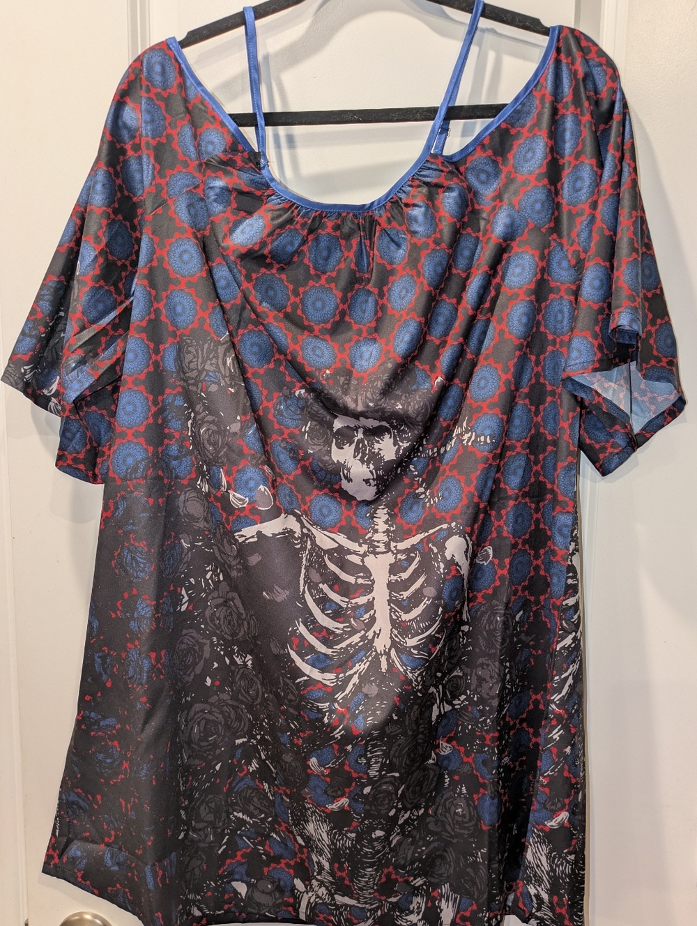 Section 119 Skeleton  Top XL Blue Red Goth Festival Graphic Blouse Deadhead Styl